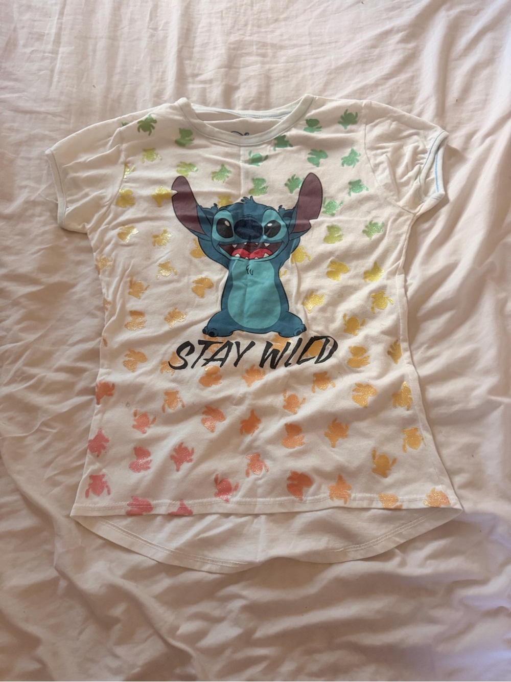 Disney White Kids Tee with Blue Stitch and Rainbow Accents